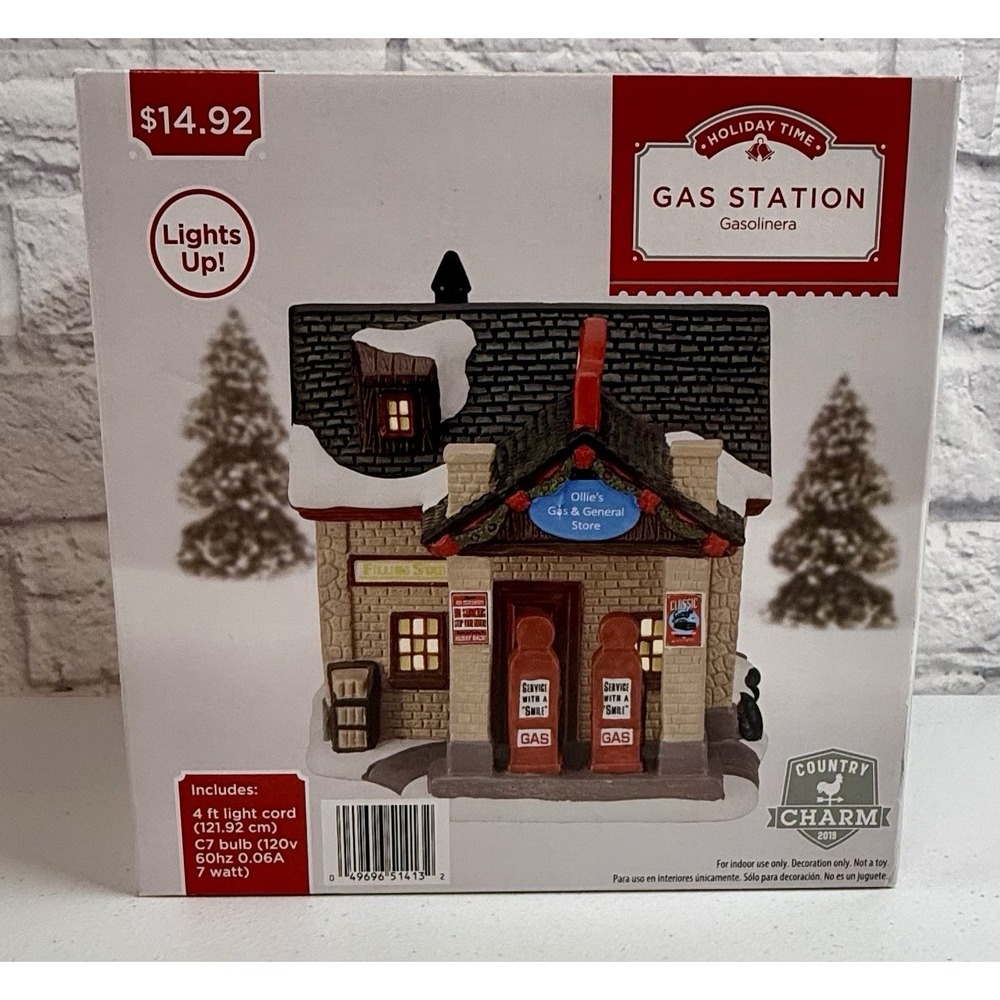 Holiday Time Gas Station Light-Up Village Building - Red Accent